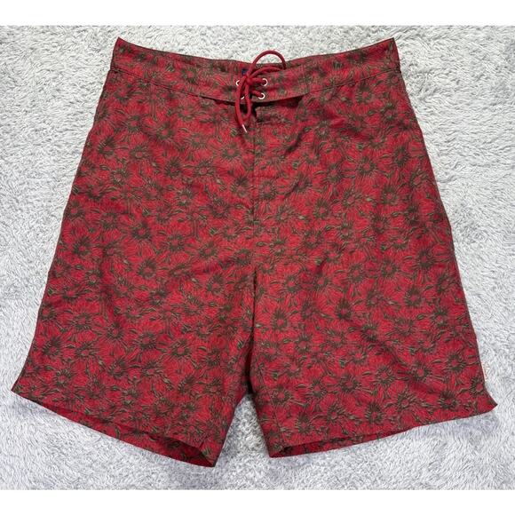 Vintage Tommy Hilfiger Mens Large Board‎ Shorts Red Brown Floral 2000 Never Worn - Picture 1 of 13